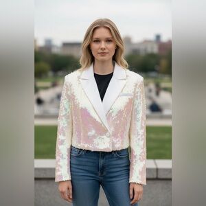 NWOT VENUS Iridescent Pastel Sequin Blazer Jacket Sparkly Party Holiday Glam S